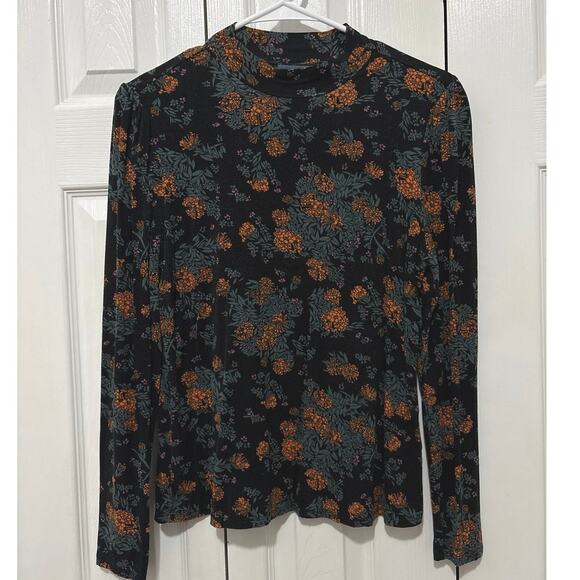 ModCloth Black Floral Mock Neck Long Sleeve Top Medium - Picture 2 of 7